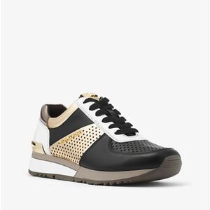 Michael Kors Women's Allie Metallic-Trim Black/Gold Leather Sneakers Sz 8